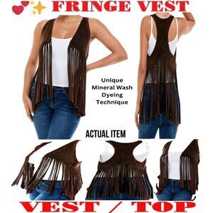 🛑 BULLY Dangling➕ FRINGE 🆒 VEST Mineral Wash TOP Boho Western JACKET💸BUYNOW‼️
